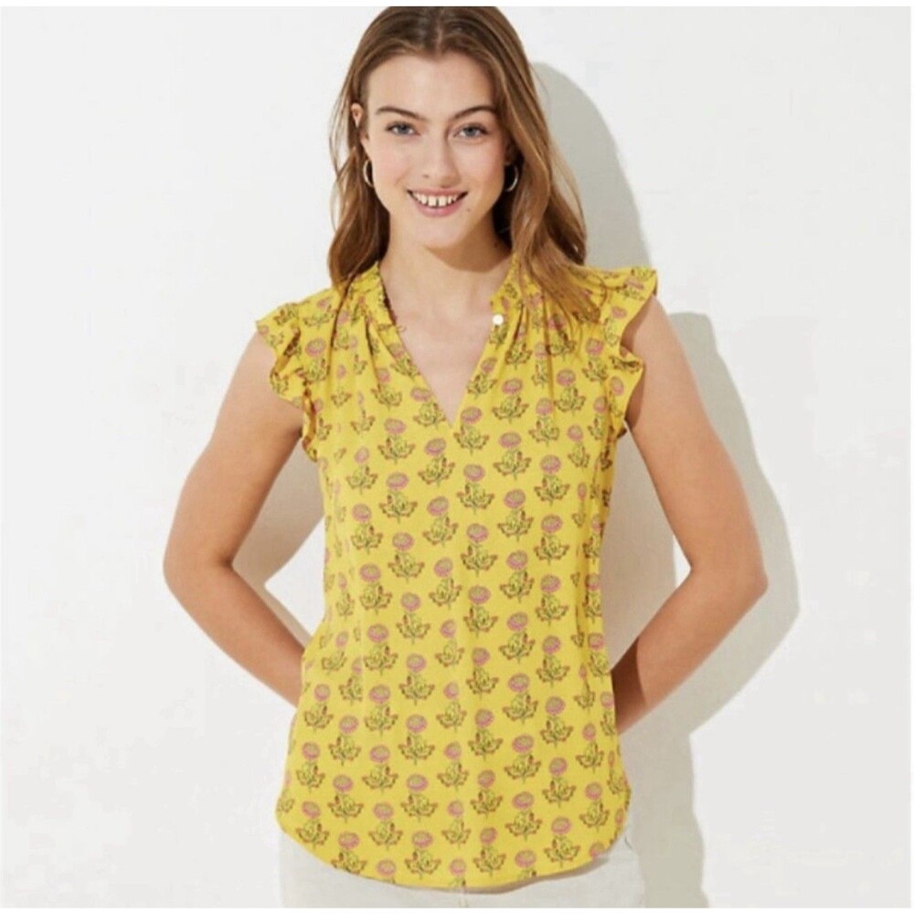 LOFT Yellow Floral Ruffle Sleeve Blouse